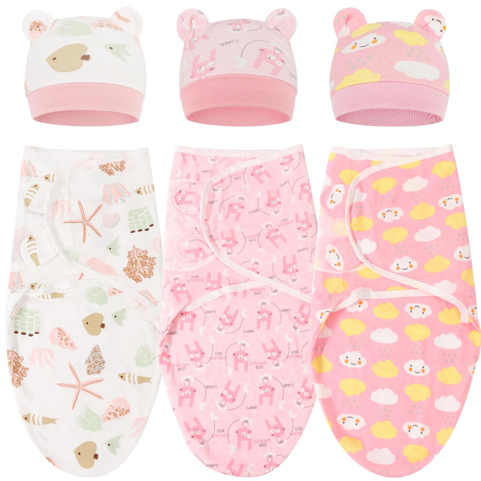 Dreshow 3 Pack Newborn Swaddle Blanket With Hats Baby Swaddles Infant Adjustable Swaddling Wraps For 0-3 Months Girls Boys