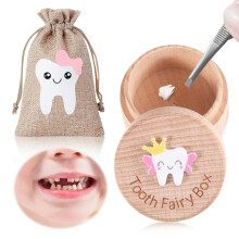 SIWOKJJO Tooth Box Keepsake, Tooth Fairy Bag for Girls, Girl Keepsake Organizer, Lost Teeth Holder Box, Cute Wooden Keepsake