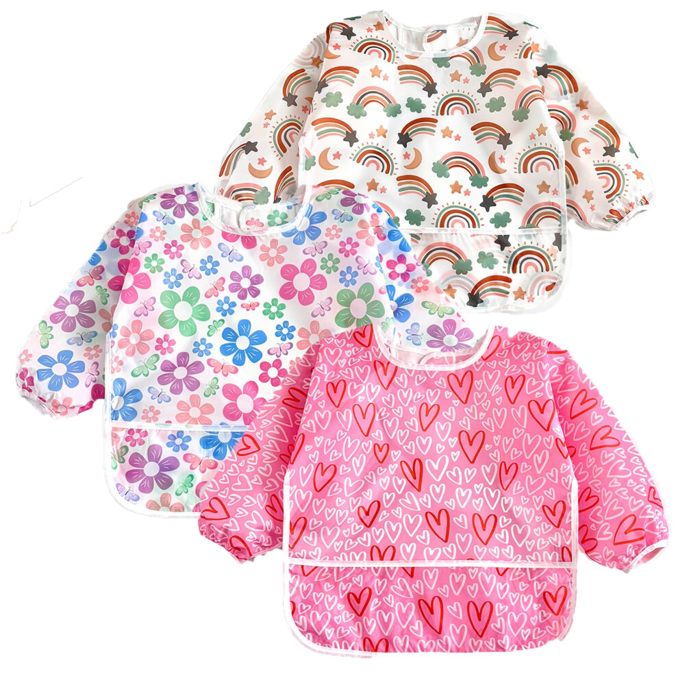 3 Pack Waterproof Long Sleeve Bibs For Toddlers 6-36 Months, Weaning Coverall Smock With Crumb Catcher Pocket For Feeding, Messy Play & Nurs Pandaear