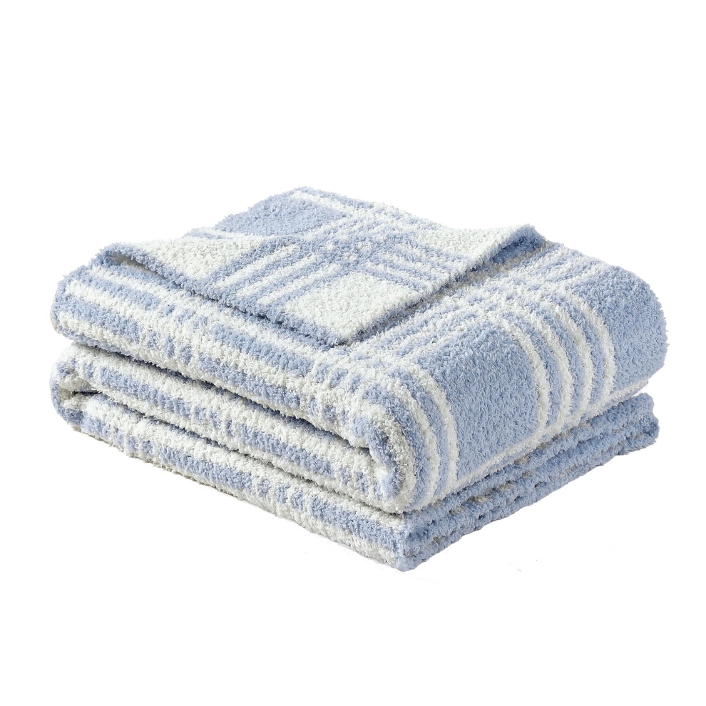Cozy Soft Warm Chenille Baby Blanket For Girls Boys, Newborn Essentials For Infant, Baby Shower Receiving Gift - Line Checked 75X100cm Blue Crevent