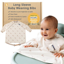 BIBaDO - Long Sleeve Baby Bibs - Toddlers 6-36 Months - Coverall Weaning Bib - Easy Wipe Clean & Soft Fabric - Attach to Highchair & Tables