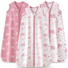 FIEMOL Baby Sleeping Bag 12-18 Months 0.5 Tog Baby Wearable Blankets Cotton, 3 Pack Summer Breathable Sleep Sack for Newborn Infant 76-89cm Pink Rain