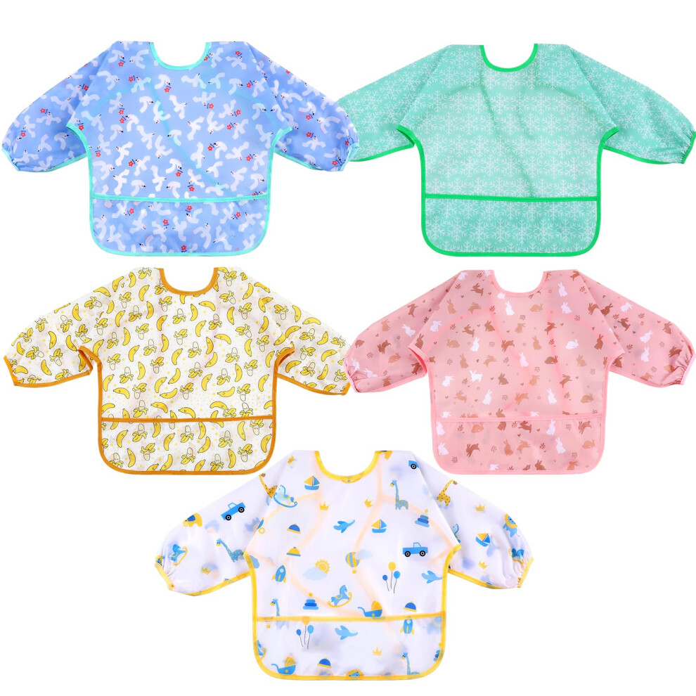 Baby Feeding Bibs With Sleeves - 5Pcs Feeding Bibs Apron Waterproof, Baby Bib With Long Sleeves, Weaning Bib For Unisex Toddler (0-2 Years) Lictin
