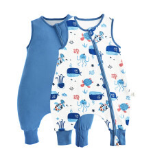 JiAmy 1.0 Tog Baby Sleeping Bag with Legs, 100% Cotton Sleep Sack, Toddler Soft Sleep Bag with Feet Blue Sea 2-3 Years