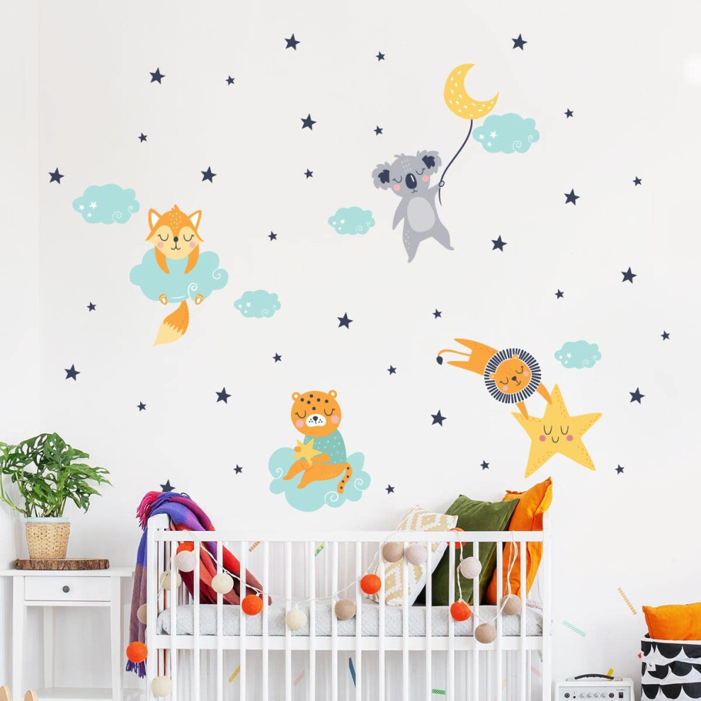Children's Wall Stickers - Baby Room Decoration - Children's Bedroom Wall Sticker - Animal Sleeping In The Moonlight - H60 X L90 Cm Ambiance Sticker