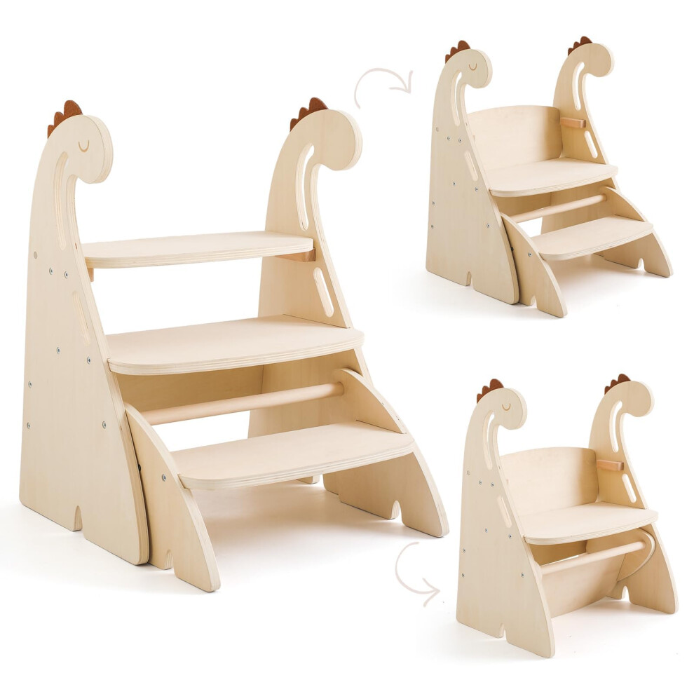 Promise Babe Montessori Learning Tower 3 Levels Wooden Step Stool For Children, Dinosaur Foldable Learning Tower Against Wall Cabinet Height