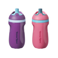 Tommee Tippee Insulated Sporty Spout Non-Spill Toddler Cup, 266ml, 12m+, Pack of 2, with Leak-Proof Valve and Handle, in Fun Bright Colours