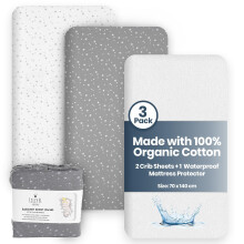 Lilly B. Organic GOTS cert. Set of 2 Cot Bed Sheets 140 x 70 Fitted + 1 Waterproof Mattress Protector 100% Organic Cotton Jersey Sheets for Toddlers