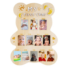 My First Year Picture Frame, Cut Bear Shape Baby Photo Frame Wood Board Personalized 12 Months Baby Photo Display 1st Birthday Memories Gift for Boy