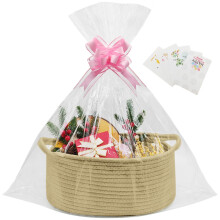 1 Pcs Hamper Basket,Gift Basket Empty with 2 Transparent Bags and 2 Pull Bows,Cotton Rope Basket for Christmas,Baby