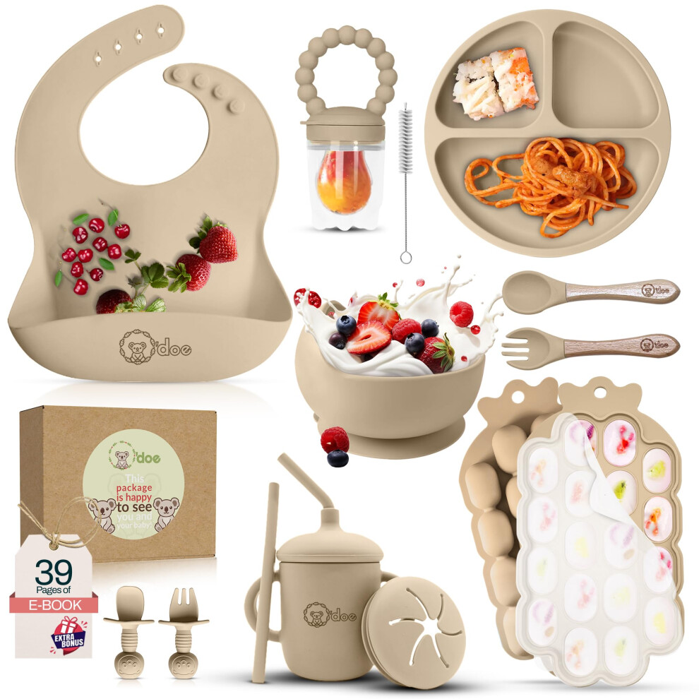 Baby Weaning Set – 15 Pcs Silicone Baby Feeding Set With Suction Plate, Bowl, Bib, Sippy Cup, Fruit Feeder, Freezer Tray O'doe
