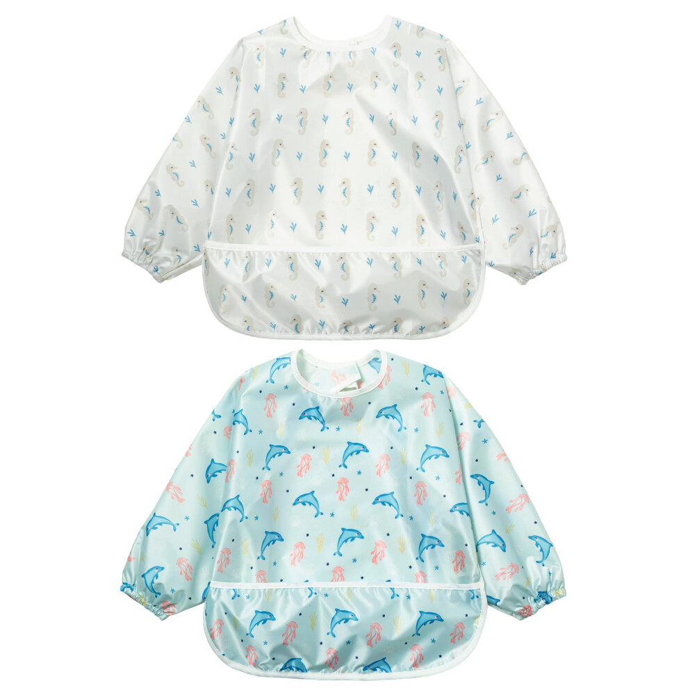 Long Sleeves Toddler Weaning Bibs |Sleeved Baby Waterproof Feeding Coverall Set Little Dimsum
