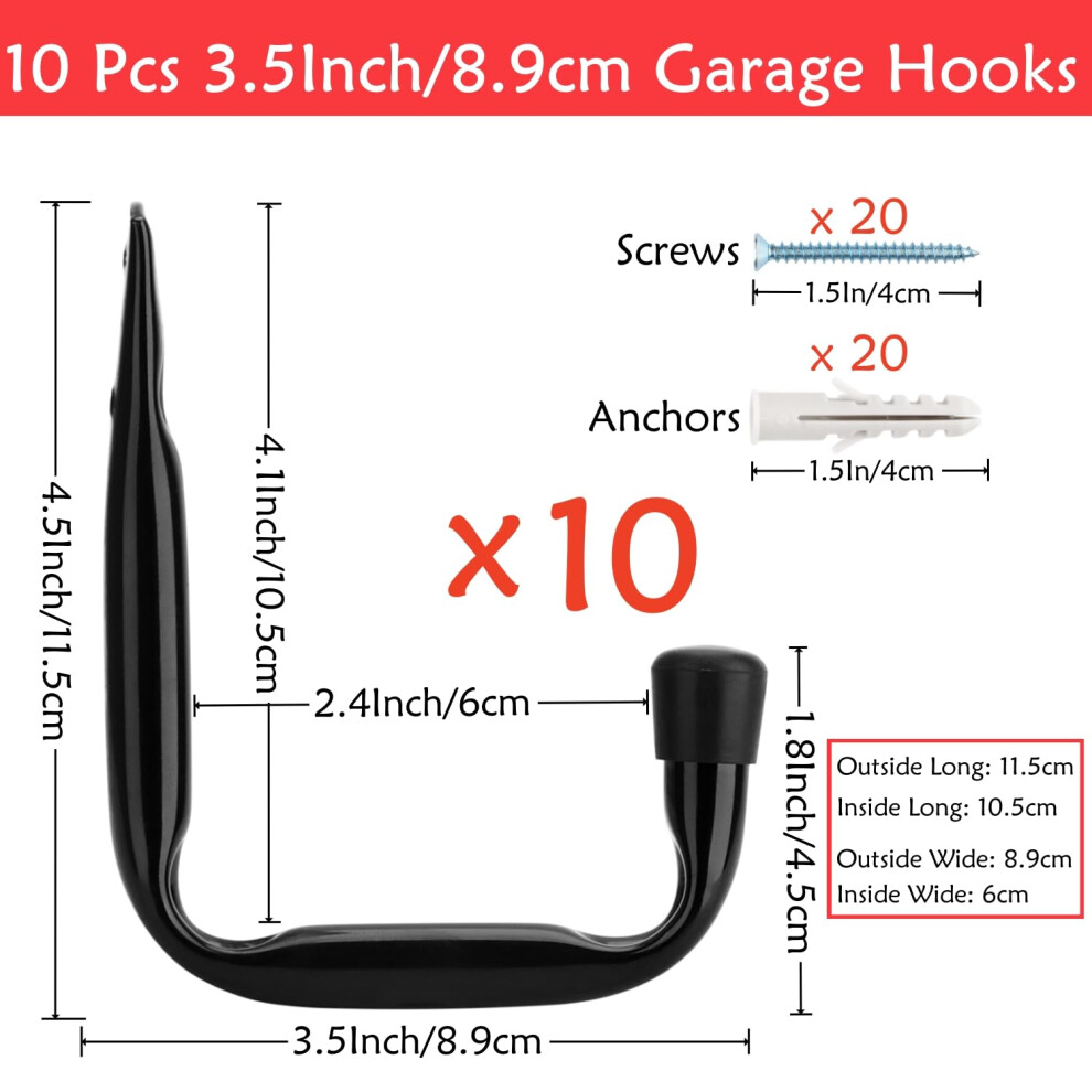 Garage Storage Hooks, Heavy Duty Wall Mount J Utility Hangers (11.5Cm X 8.9Cm, Pack Of 10) 5051226662683