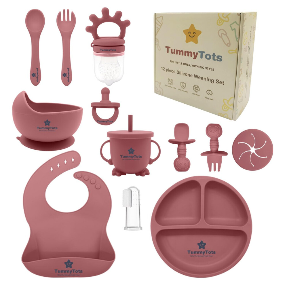 Tummytots 12Pcs Pink Baby Weaning Set – Baby Feeding Set With Baby Bowls, Baby Plates With Suction, Baby Spoons, Baby Cutlery & Weaning Spoons