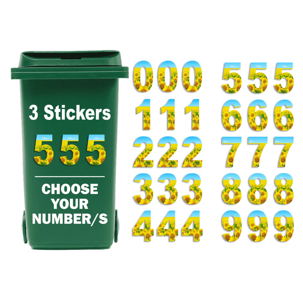 3 X Bin Numbers For Wheelie Bins, 0-9, Sunflower Dustbin Stickers, Easy Application 17.5Cm Stick On Number Stickers 5051226430718