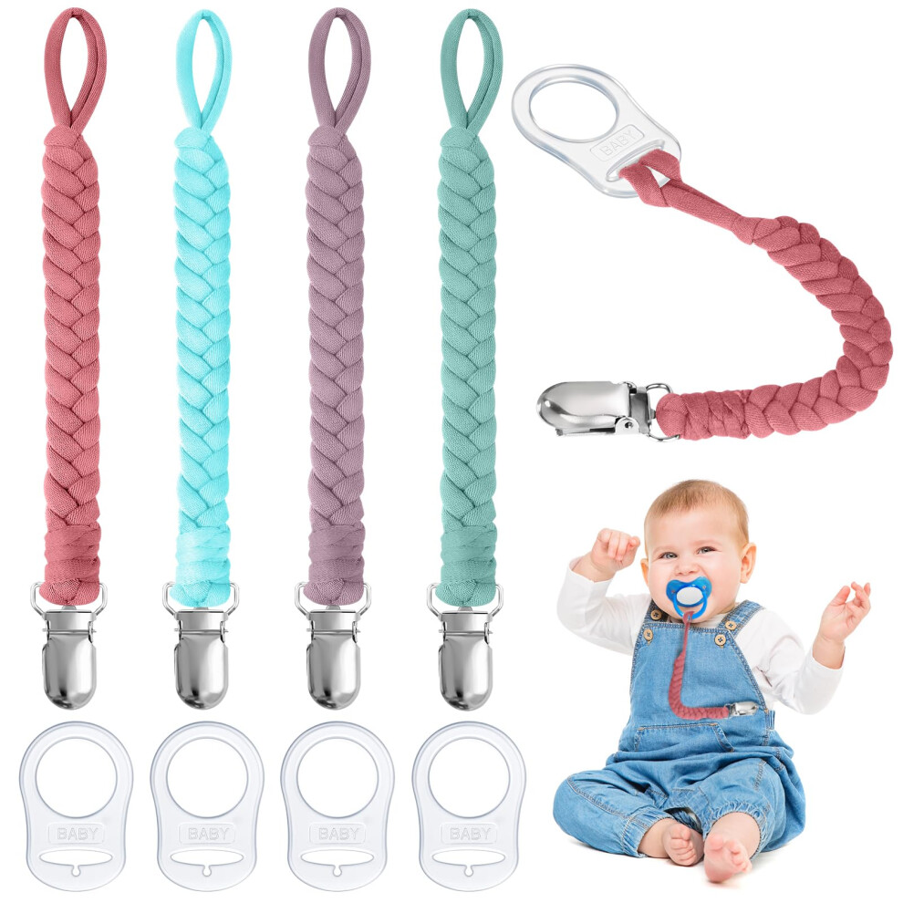 Dummy Clips Pacifier Chain, 4Pcs Dummy Pacifier Chain With 4Pcs Clip Adapter, Silicone Ring Adapter, Soother Chain Holder Straps Teething Clip Aolso