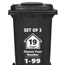 3 x Bin Numbers for Wheelie Bins, 1-99, 15cm ‘Happy House’ Design Dustbin Stickers, Easy Application Stick On Number Stickers