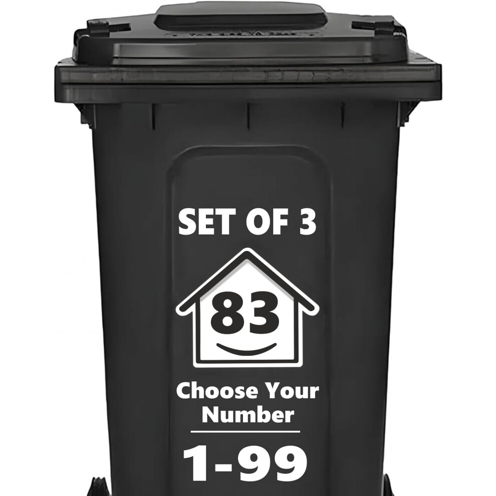 3 X Bin Numbers For Wheelie Bins, 1-99, 15Cm ÂHappy Houseâ Design Dustbin Stickers, Easy Application Stick On Number Stickers 5051226437878