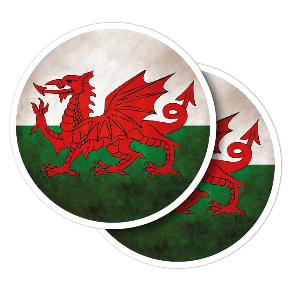 Vinyl Round Stickers (Set Of 2) 7.5Cm - Distressed Wales Welsh Dragon Flag For Laptops, Tablets, Luggage, Scrap Booking, Fridges #56016 5051226436055