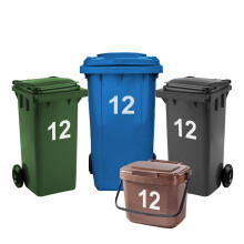 Rubigo 4 x Bin Numbers for Wheelie Bins, 0-99, Letters A-D, 17.5cm Dustbin Stickers, Easy Application Stick On Number Stickers