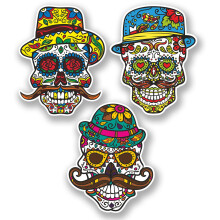 3 x Sugar Skull Vinyl Sticker Decal iPad Laptop Moustache Hipster Fun #4738 (8cm Wide x 10cm Tall)