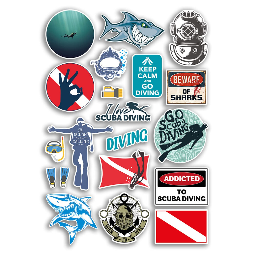 A4 Sticker Sheet Scuba Diving Vinyl Stickers - Diver Dive Ocean Beware Shark Fish Sea Hobby Travel Gift #78889 5051226432309