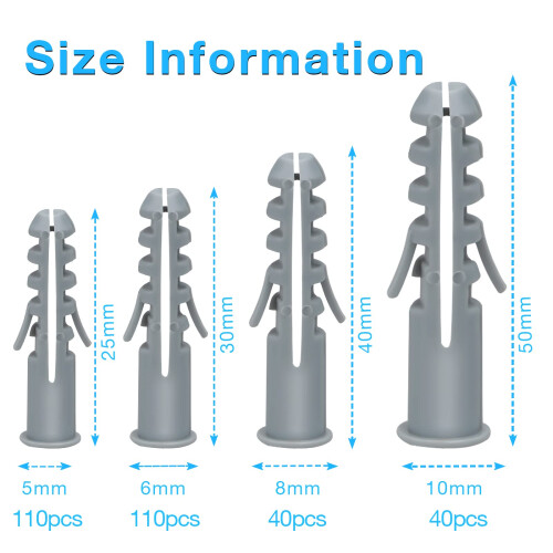 300Pcs Assorted Wall Plugs Set Gray Plastic Column Expansion Pipe Size 5mm 6mm 8mm 10mm 1