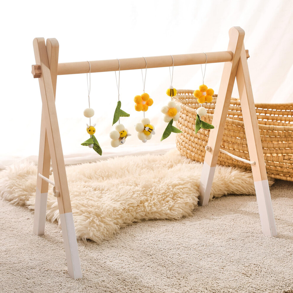 Wooden Baby Play Gym Play Arch Baby 5 Detachable Sensory Baby Toys Bee Pendant Design Newborn Baby Essentials Wooden Activity Baby Gym Promise Babe