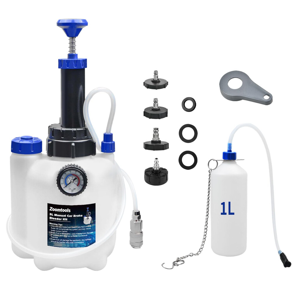 Zoomtools 3L+1L Brake Bleeding Kit Manual Brake Bleeder Automotive Brake Fluid Bleeder With 4 Master Cylinder Adapters Suitable For Most European 5051226449604
