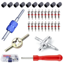 QISF Car Tyre Valve Removal Tool Set | Tyre Valve Repair Kit | Dual & Single Head Valve Core Remover | 4-Way Valve Tool | 10 Pcs Tire Valve Caps | 20