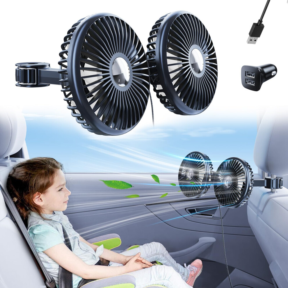 Xuenair Car Fan For Backseat Kids Adjustable, Dual Cooling Usb Fan For Car Seat Baby Rear Facing For Back Seat Headrest Suv Van Pickup Rv Vehicle 5051226443671