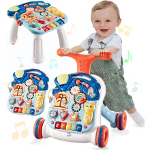 Baby Walker 3 in 1 Sit-to-Stand Learning Push Along Walker Kids Activity Center with Table Lights Music Phone Steering Wheel Multifunctional