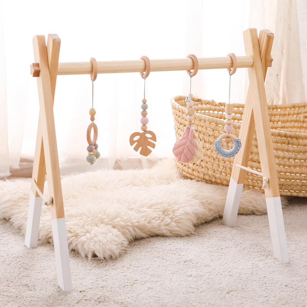 Wooden Baby Play Gym Play Arch Baby 4 Detachable Sensory Baby Toys Pendant Design Newborn Baby Essentials Wooden Activity Baby Gym Pink Promise Babe