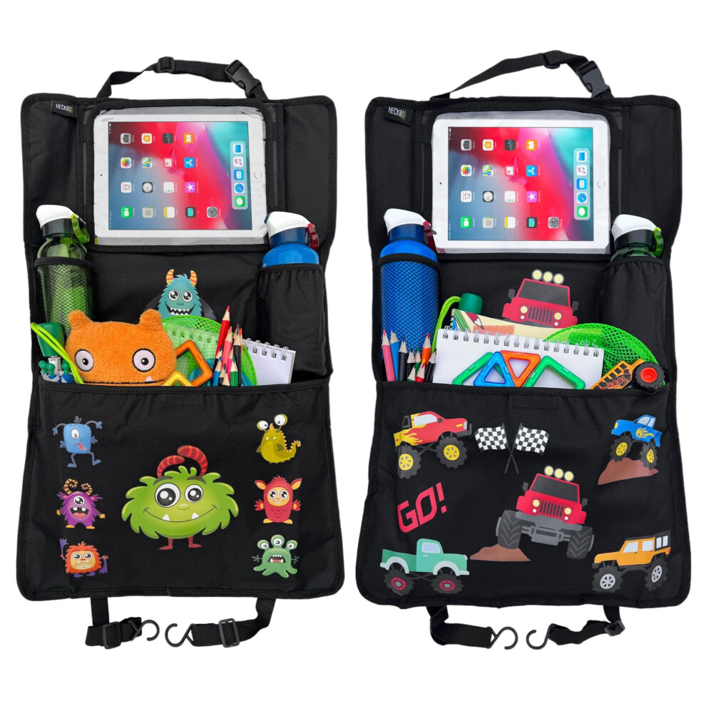 Heckbo 2X Children’s Car Seat Back Protectors – Monster + Monster Truck Designs