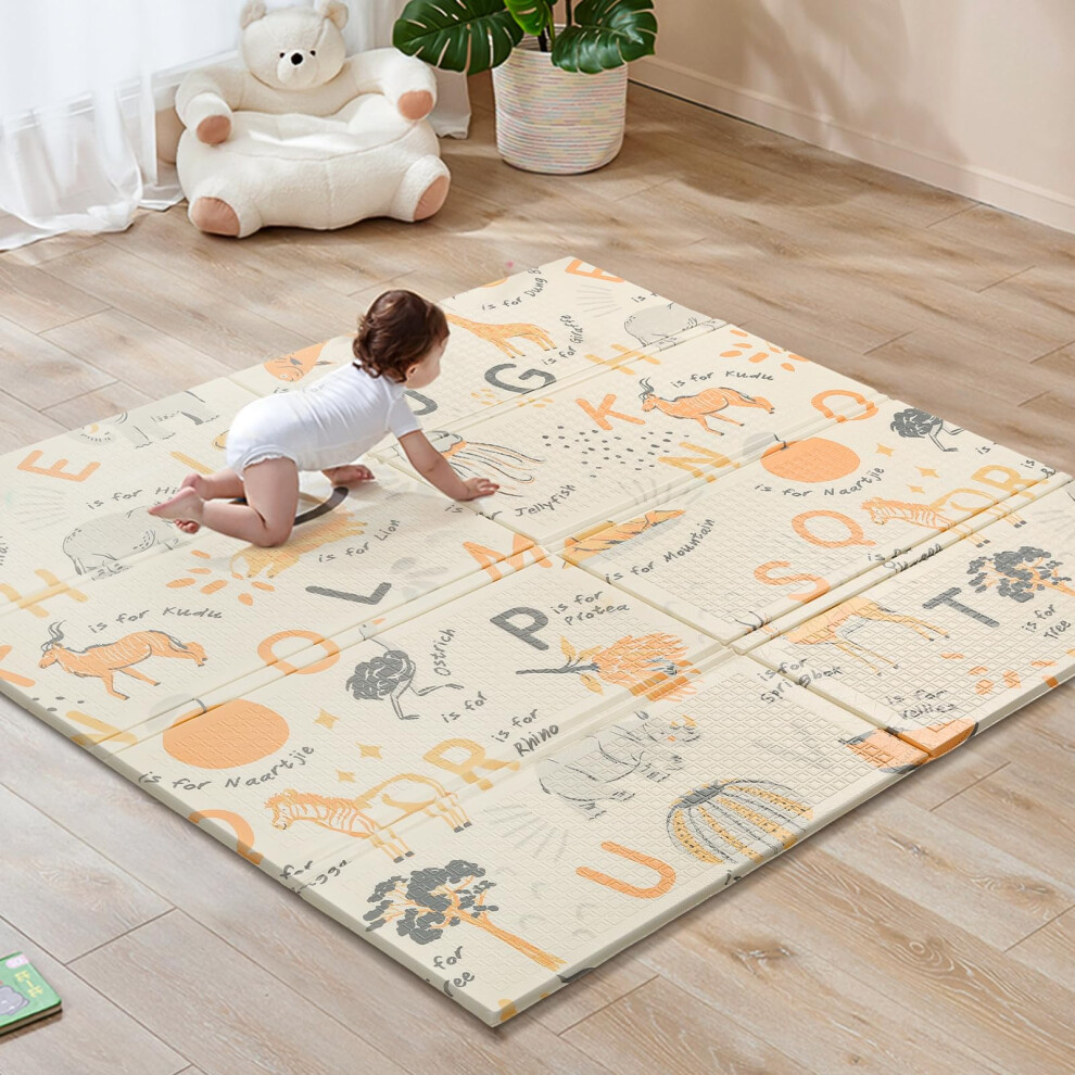120X120cm Folding Wildlife Mat, Thick Padded Baby Crawl Mat, Baby Play Mat, Foldable Kids Playmat, Large Babies Activity Play Mat Sour Lemon