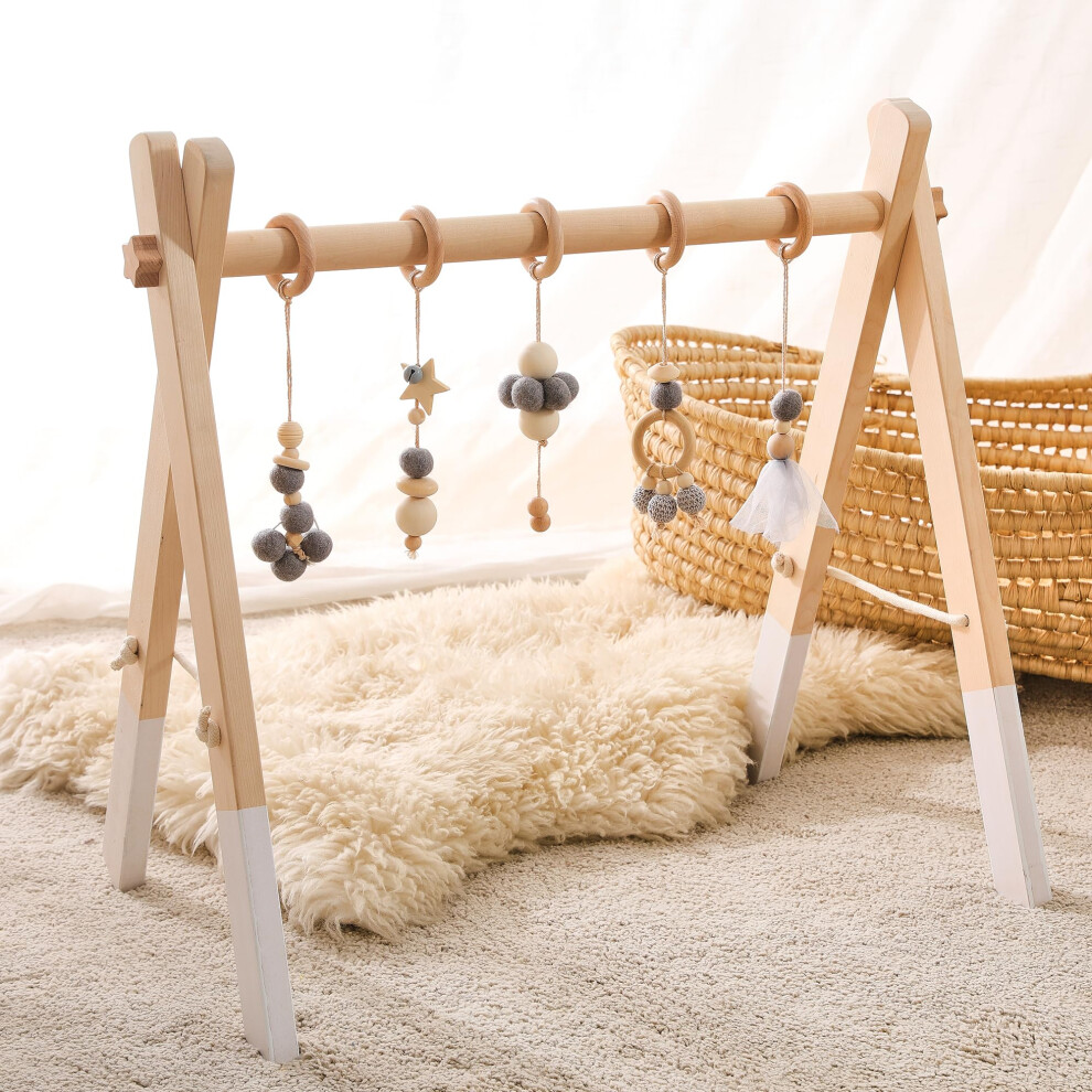 Wooden Baby Play Gym Arch With 5 Detachable Sensory Toys, Cotton Pendant Design, Newborn Baby Essentials Gray Promise Babe