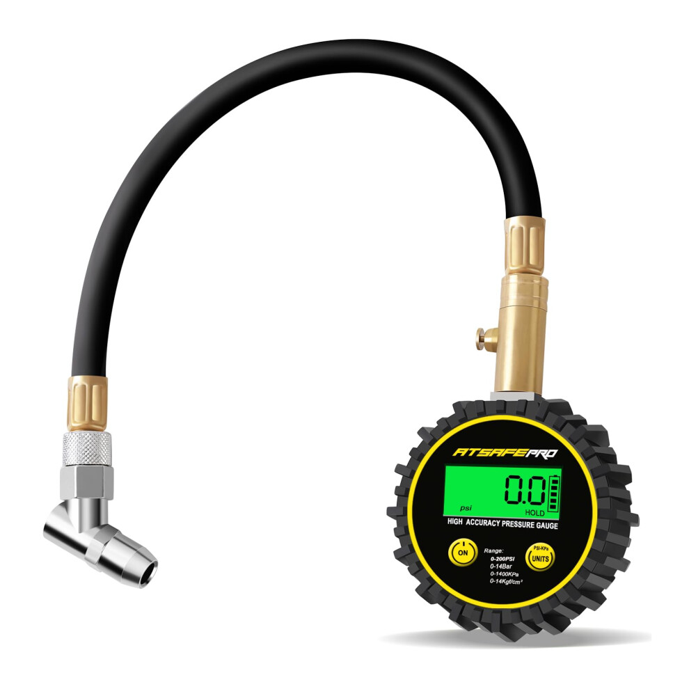 Atsafepro Digital Tyre Pressure Gauge 200 Psi With Flexible Hose And Backlight Lcd Display, Ansi B40.1 Certified For Car, Truck, Suv, Motorcycle 5051226452130