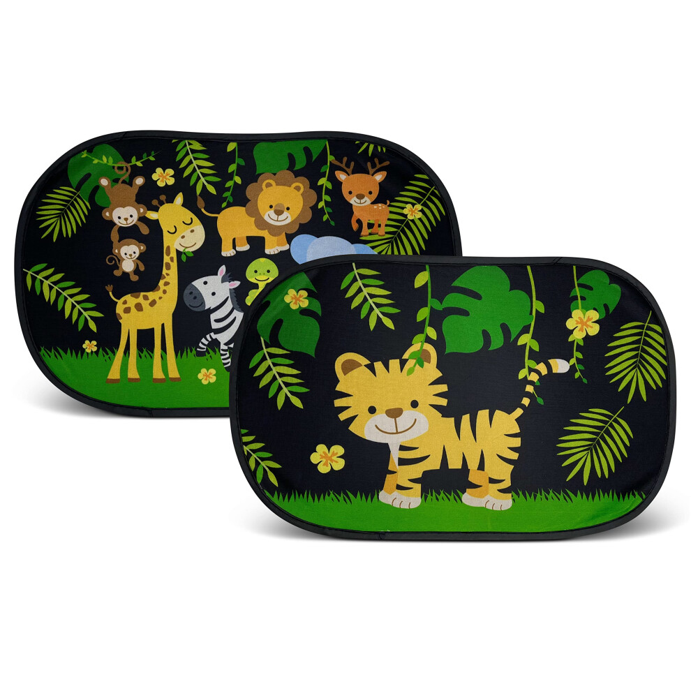 Heckbo 2X Car Sun Visor With 8 Suction Cups - Jungle Animals 48X31cm - Car Window Side Sunshade Car Sun Visor Side For Baby Kids Girls Boys Incl. Bag