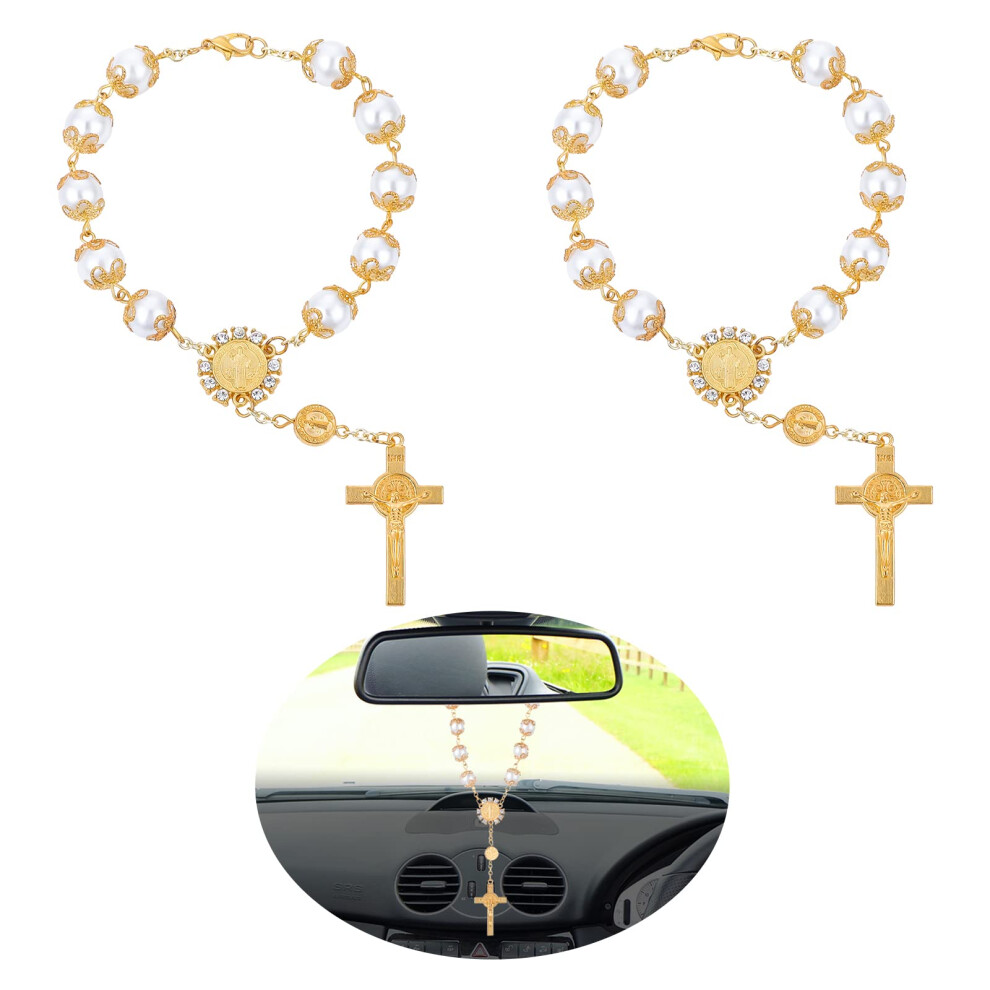 Tiesome 2Pcs Car Rosary, Rearview Mirror Auto Rosary Car Cross Blessing Catholic Medal For Truck Bike Motorcycle Car Mirror Hanging Accessories Decor White/Gold 5051226466878