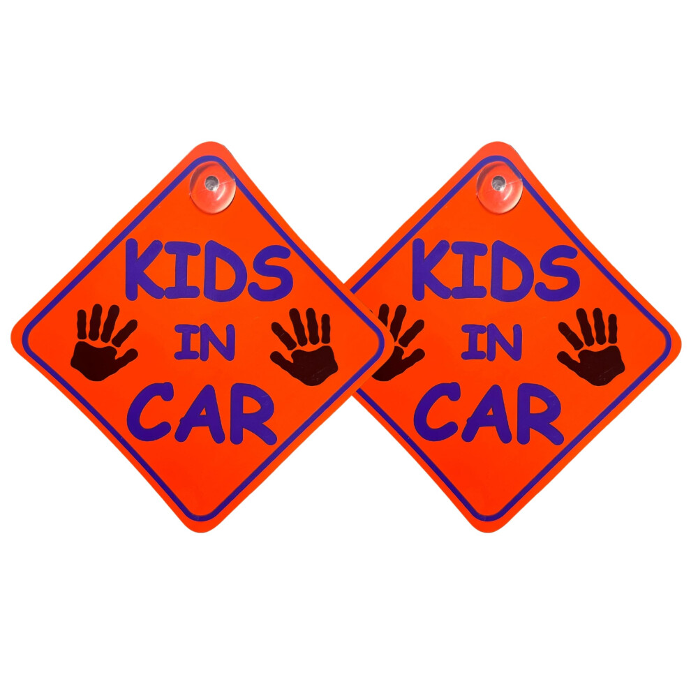 Kids On Board Car Sticker Sign – Twin Pack, Visible 14X14cm – Semi-Rigid Vinyl Child On Board Car Sign With Window Suckers Orange Tek Automotive