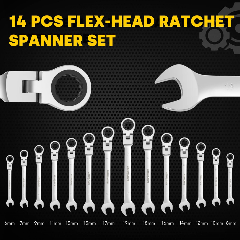 Enventor 14Pcs Flexhead Ratchet Spanner Set Metric 6Mm To 19Mm Ratche 5005465671777