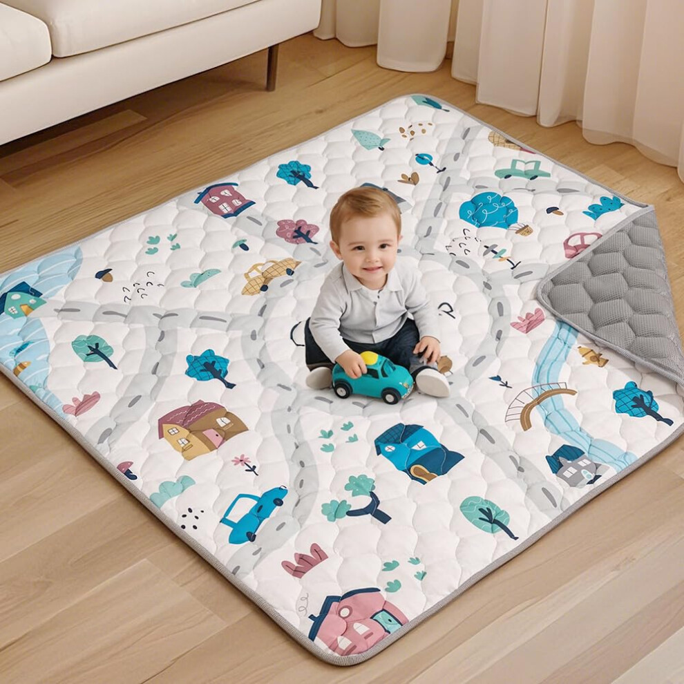 Baby Play Mats For Floor, 127X127 Cm Foldable Washable Baby Playmat For Playpen, Quilted Soft Padded Crawling Mat Comomy
