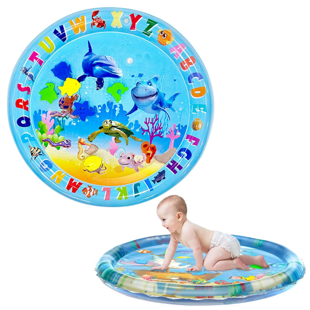 Tummy Time Mat Inflatable Water Mat For Babies,65Cm Round Underwater World Water Cushion Inflatable Water Play Mat Sensory Toy For Blue Cosoro