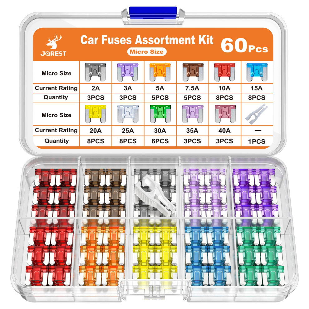 Jorest 60Pcs Low Profile Mini Car Fuse Kit, Micro Blade Fuses Automotive -Replacement Fuses Assortment Kit For Car/Rv/Truck/Motorcycle 5051226498152