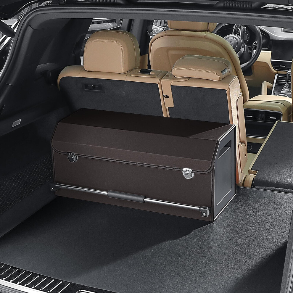 Xcf Car Boot Organiser Collapsible Leather Boot Organiser With Lid And Push-Pull Sturdy Handle For Suv, Truck, Sedan Car Storage Brown 5051226470639