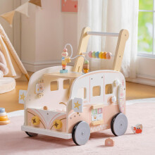 ROBOTIME Wooden Baby Walker, Baby Push Along Toy with Wheels, Multifunctional Activity Walker with Height Adjustment & Speed Control