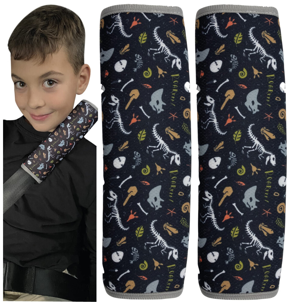 Heckbo 2X Kids Car Seat Belt Pads Seat Belt Protectors - Dinosaur Skeleton - Seat Belt Pads For Kids And Babies- Ideal For Any Seat Belt Car Booster
