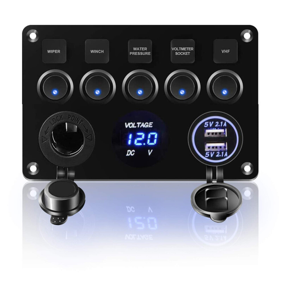 Kaolali Ip65 Waterproof 12V/24V Switch Panel, Toggle Switch Panel, Dual Usb Charger Port 4.2A, Lighter Socket, Digital Voltmeter Display, Car Rocker 9399488703291