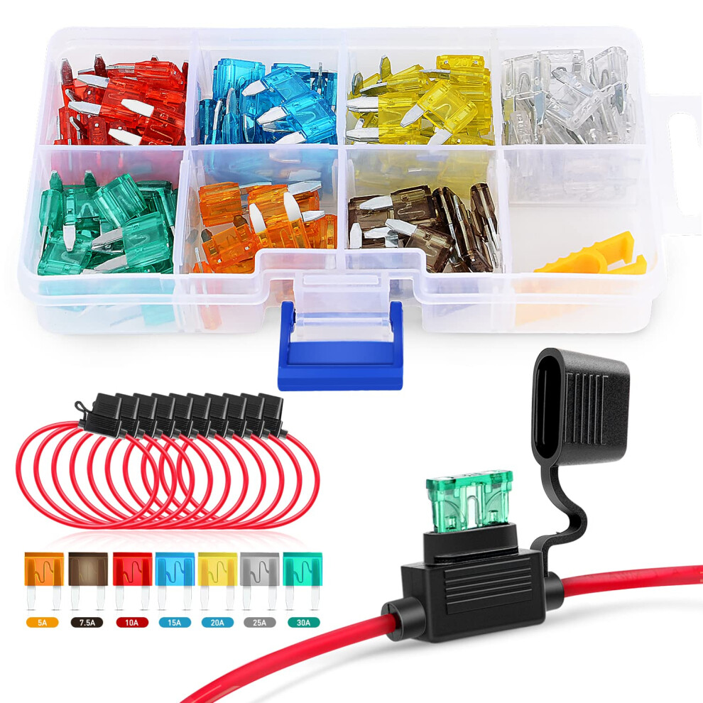 Nilight 120 Pcs Mini Atm/Apm Blade Fuse 5A/7.5A/10A/15A/20A/25A/30A Amp Assorted Set With 10 Pack 14Awg Atc/Ato Inline Fuse Holder, 2 Years Warranty 5051226498824