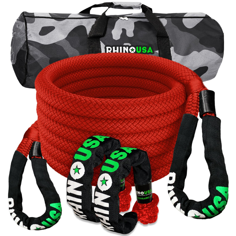 Rhino Usa Kinetic Tow Rope 13,000Kg (2.2Cm X 9M) - Heavy Duty Offroad 4X4 Snatch Strap Recovery Kit - Includes 2 Soft Shackles For Utv, Atv, Truck 5051226470943